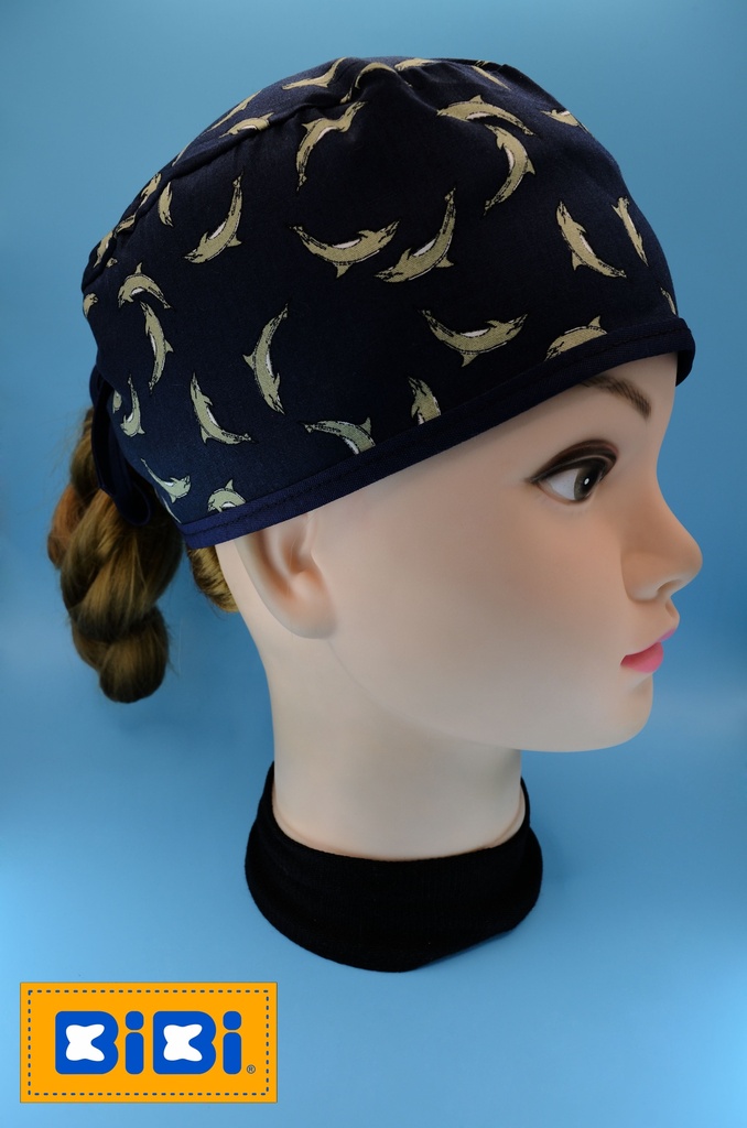 Delfines Fondo Azul Marino / Gris (Gorro Corto (Medidas: 9.5 cm de altura, 58 cm de circunferencia, con cintas para amarrar))
