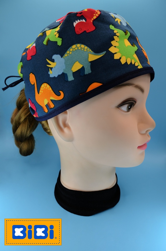 Dinosaurios Fondo Azul Verde (Gorro Corto (Medidas: 9.5 cm de altura, 58 cm de circunferencia, con cintas para amarrar))
