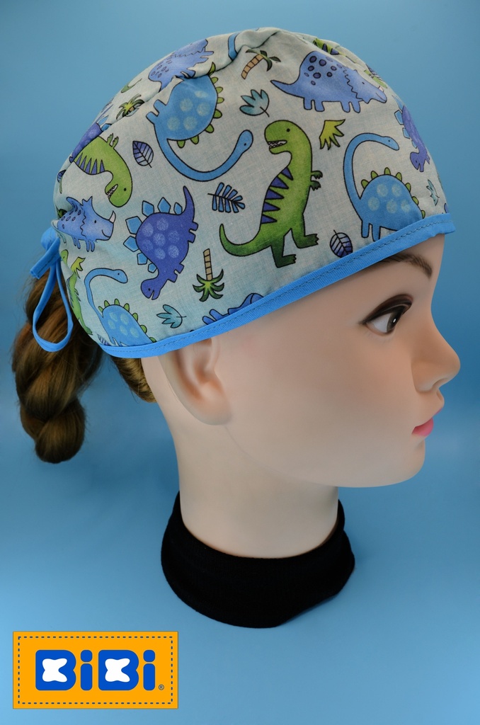 Dinosaurios Fondo Azul / Verde (Gorro Corto (Medidas: 9.5 cm de altura, 58 cm de circunferencia, con cintas para amarrar))