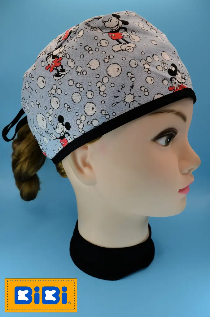 Mickey Mouse burbujas, fondo gris (Gorro Corto (Medidas: 9.5 cm de altura, 58 cm de circunferencia, con cintas para amarrar))