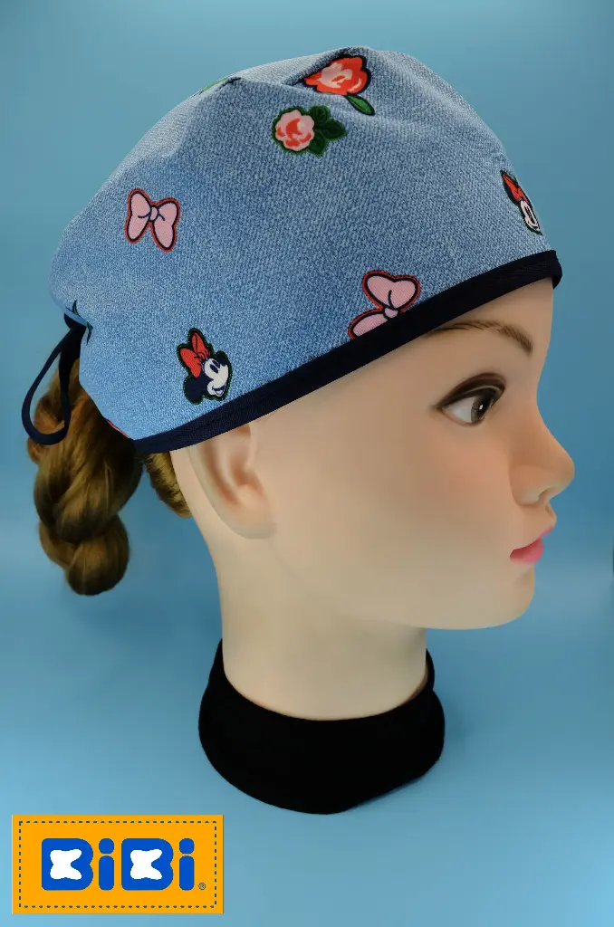Minnie caras, fondo azul (Gorro Corto (Medidas: 9.5 cm de altura, 58 cm de circunferencia, con cintas para amarrar))
