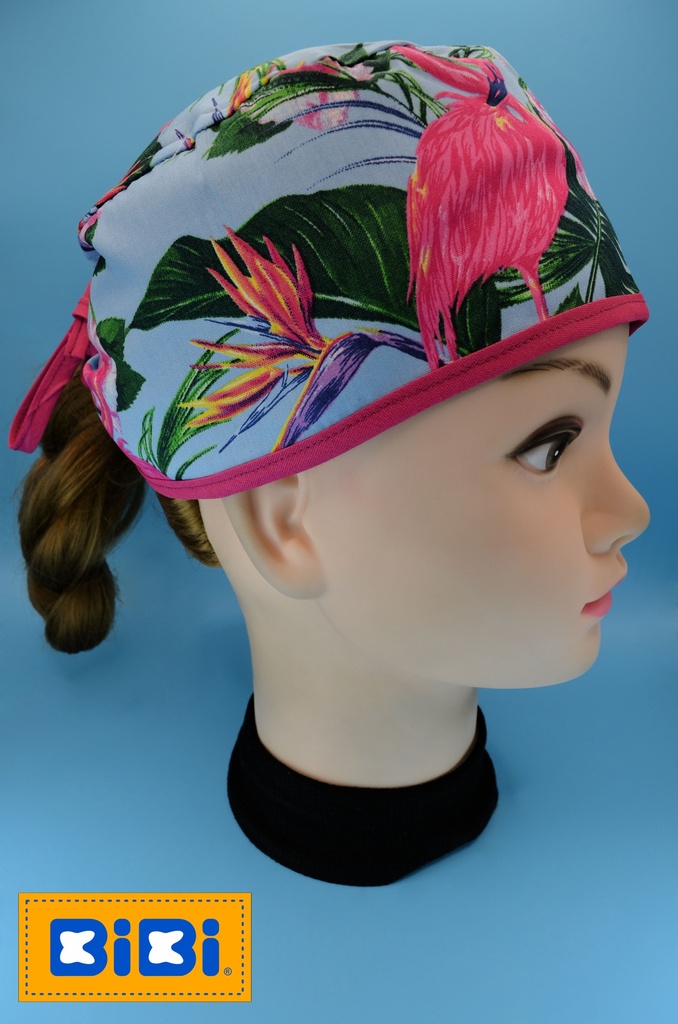 Flamingos Fondo Azul Cielo (Gorro Corto (Medidas: 9.5 cm de altura, 58 cm de circunferencia, con cintas para amarrar))