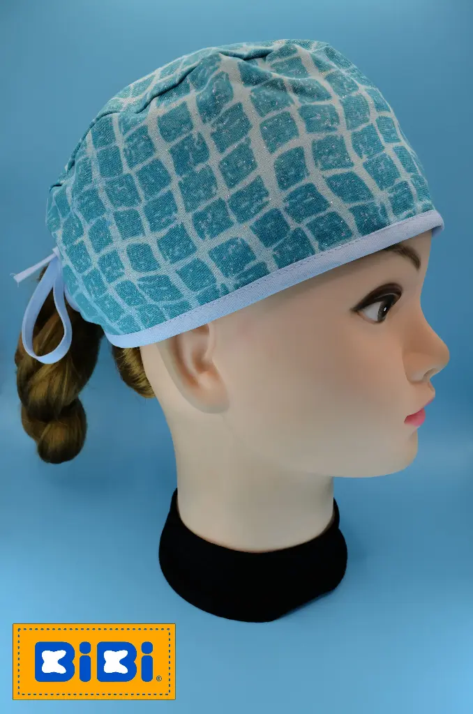 Cuadrícula azul con glitter (Gorro Corto (Medidas: 9.5 cm de altura, 58 cm de circunferencia, con cintas para amarrar))