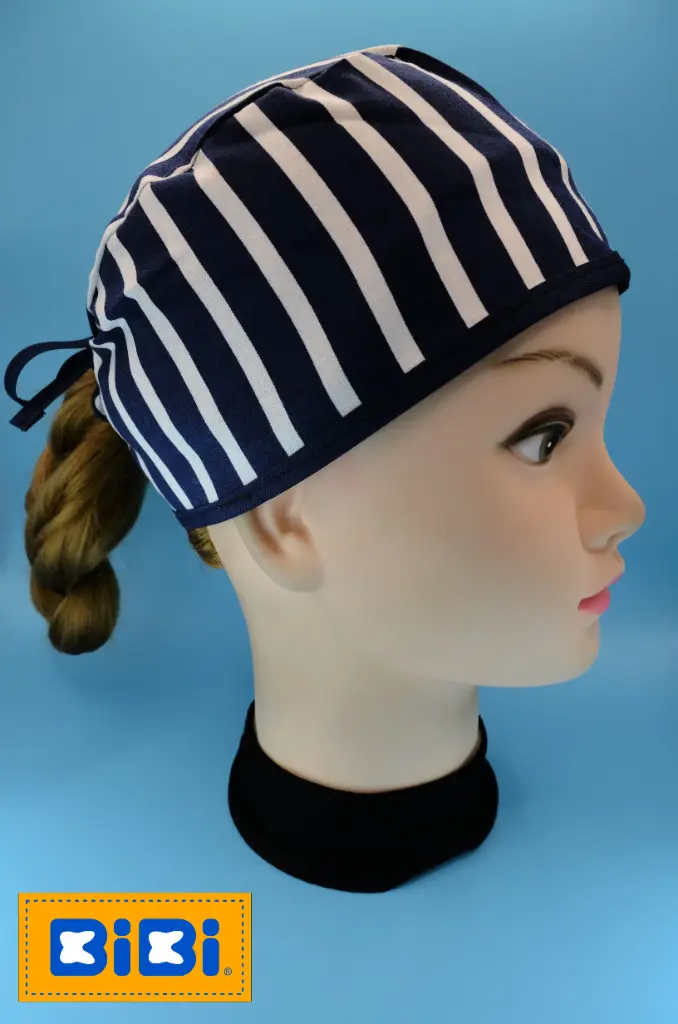Lineas azul marino y blanco (Gorro Corto (Medidas: 9.5 cm de altura, 58 cm de circunferencia, con cintas para amarrar))