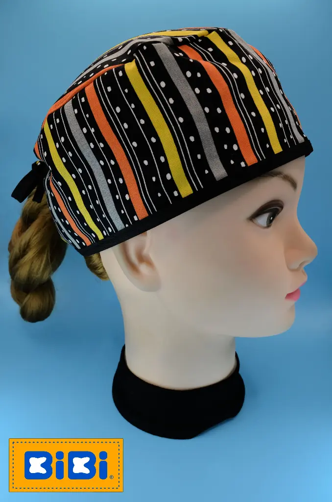 Lineas de colores con puntos (Gorro Corto (Medidas: 9.5 cm de altura, 58 cm de circunferencia, con cintas para amarrar))