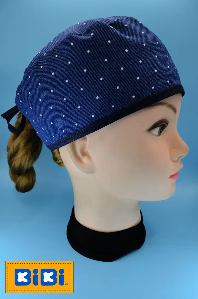 Puntos, fondo azul marino (Gorro Corto (Medidas: 9.5 cm de altura, 58 cm de circunferencia, con cintas para amarrar))