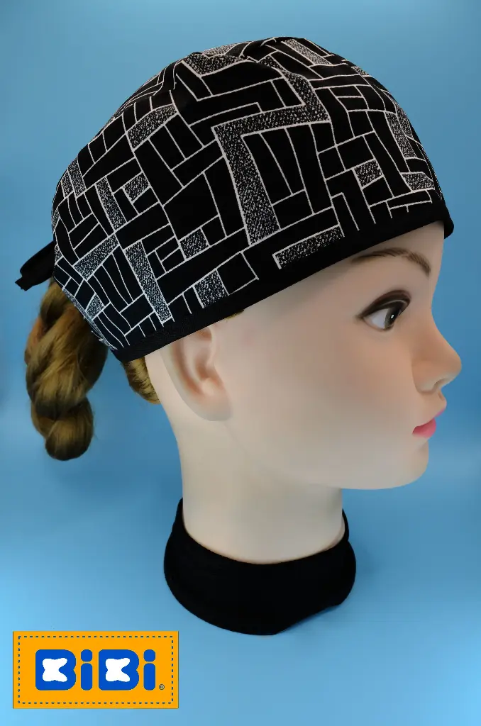 Rectángulos gris y negro (Gorro Corto (Medidas: 9.5 cm de altura, 58 cm de circunferencia, con cintas para amarrar))