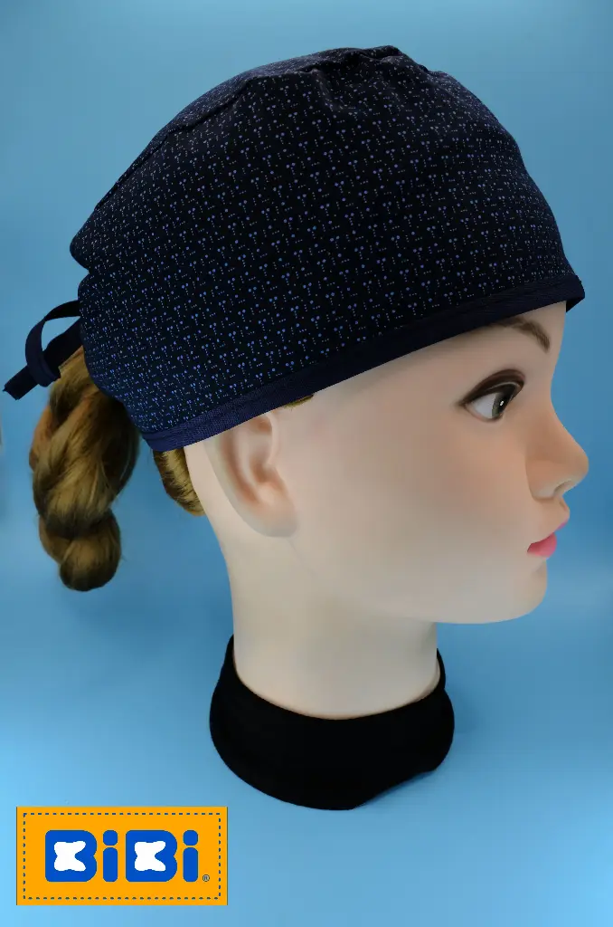 Símbolos azul cielo, fondo azul marino (Gorro Corto (Medidas: 9.5 cm de altura, 58 cm de circunferencia, con cintas para amarrar))