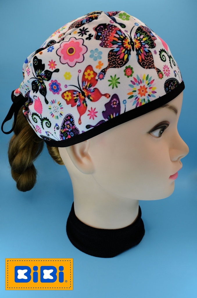 Mariposas Fondo Blanco (Gorro Corto (Medidas: 9.5 cm de altura, 58 cm de circunferencia, con cintas para amarrar))