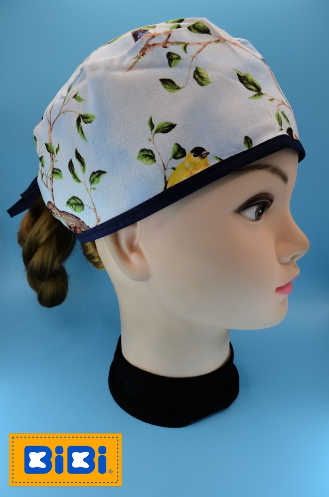 Pájaros Fondo Azul (Gorro Corto (Medidas: 9.5 cm de altura, 58 cm de circunferencia, con cintas para amarrar))