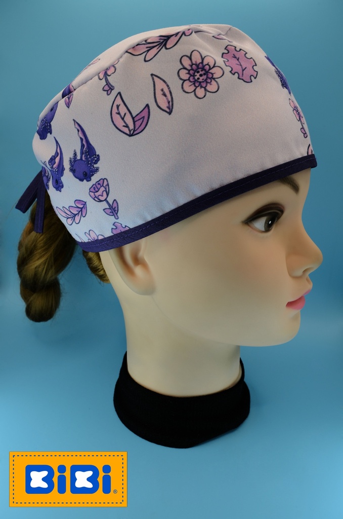 Ajolotes Morados Fondo Lila (Gorro Corto (Medidas: 9.5 cm de altura, 58 cm de circunferencia, con cintas para amarrar))