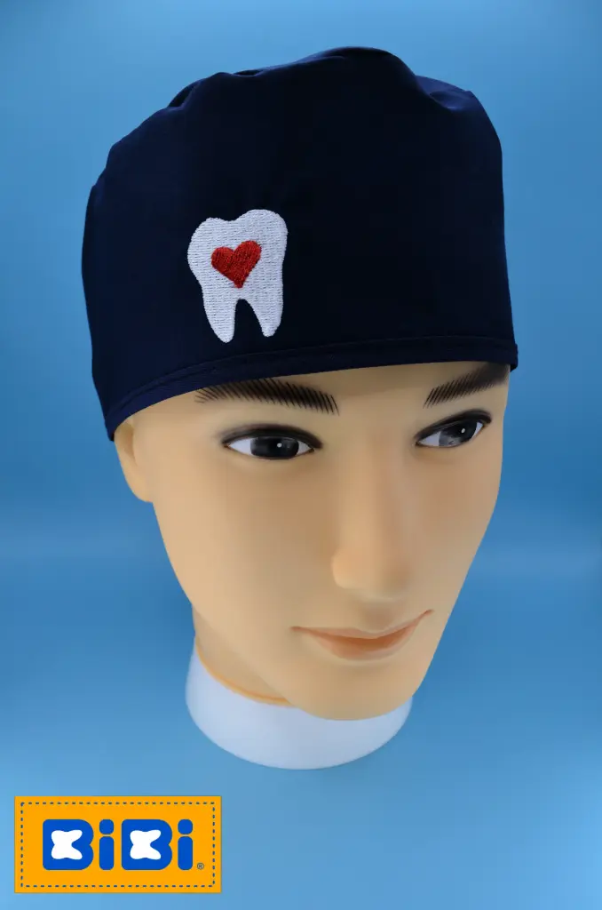 Gorro azul, diente con corazón (Gorro Corto (Medidas: 9.5 cm de altura, 58 cm de circunferencia, con cintas para amarrar))