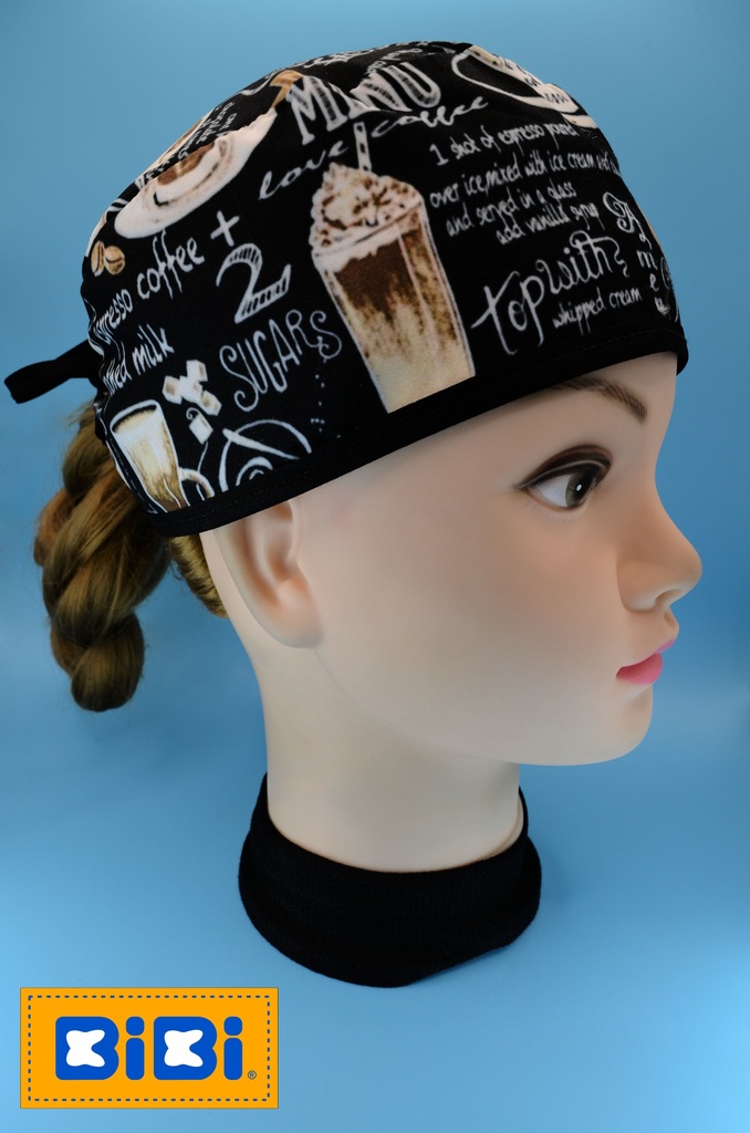 Café fondo negro (Gorro Corto (Medidas: 9.5 cm de altura, 58 cm de circunferencia, con cintas para amarrar))