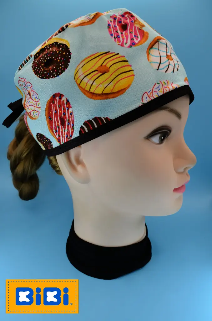 Donas de sabores fondo azul (Gorro Corto (Medidas: 9.5 cm de altura, 58 cm de circunferencia, con cintas para amarrar))